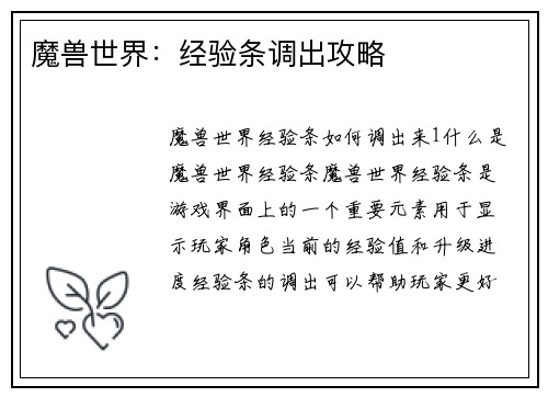 魔兽世界：经验条调出攻略